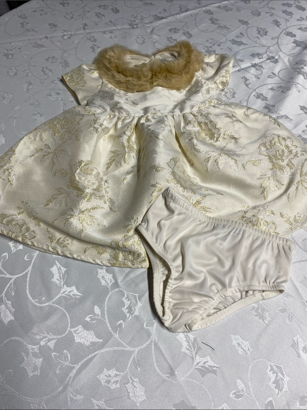 Cream Floral Brocade Baby Dress with Faux Fur Collar